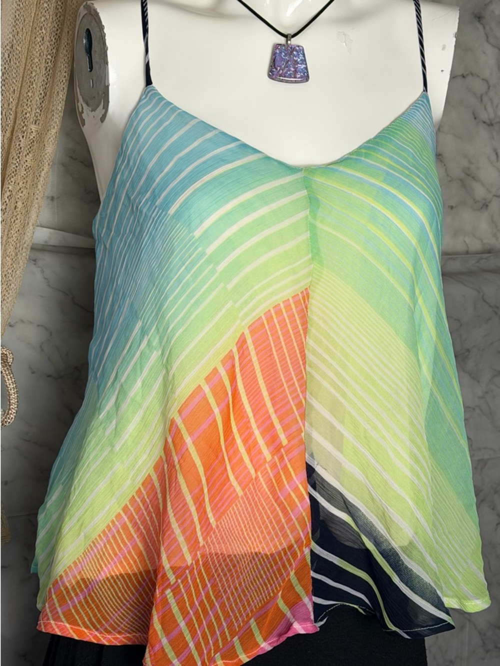 Y2K Gauzy Feel Aqua Lime Coral Top Sheer Flowy Summer Going Out Date M Billabong